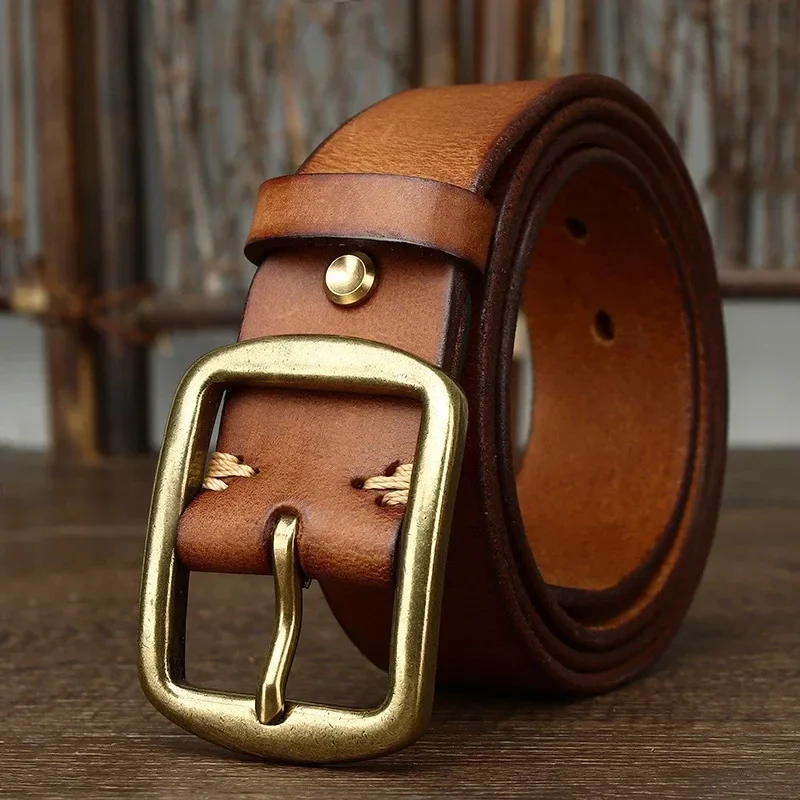 

3.8cm Genuine Leather Belt Men Luxury Design Strap Male Belt Cowhide Pure Copper Pin Buckle Wild Classic Retro High Quality