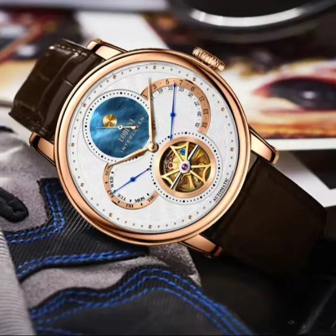 LOBINNI Men Automatic Watch 42mm Mechanical Wristwatch Sapphire Mirror Skeleton Multi-Dial Dial Week Date 24 Hours