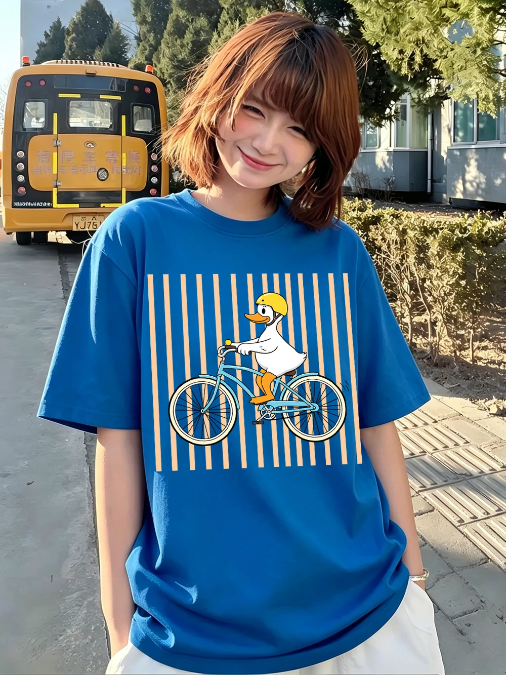Cute Duck Riding Bicycle Prints T-Shirts Womens Cotton Summer Short Sleeve T Shirts O-Neck Oversized Tops Street Soft Clothes