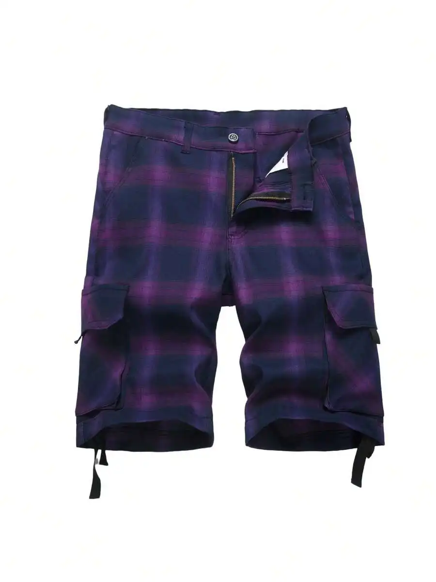 Cargo Short For Men 10" Inseam Relaxed Fit Plaid Outdoor Hiking Work Stretch Cotton Casual Shorts With Multi-Pocket