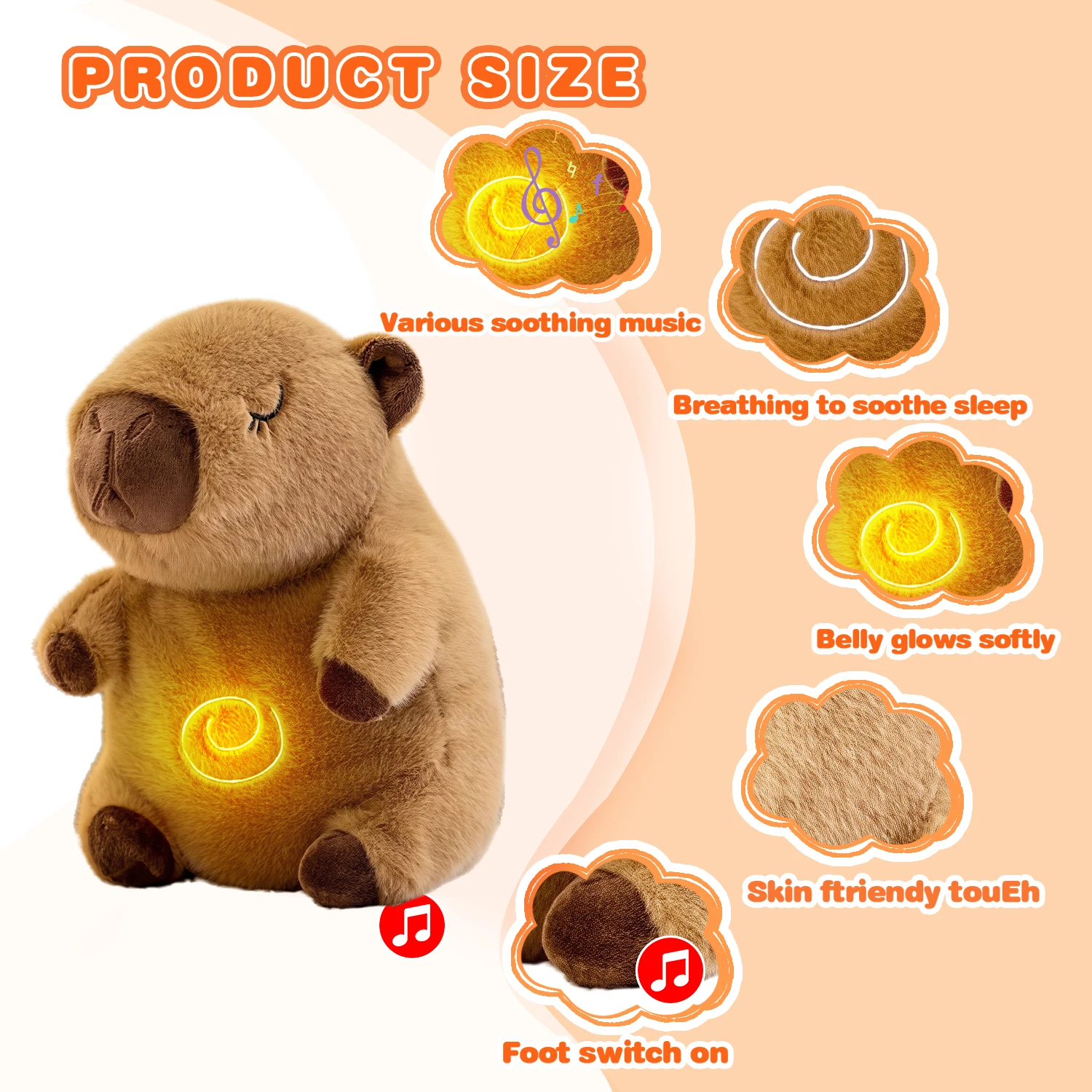 Breathing Baby Capybara Plush Doll Toys for Kids Soothing Music Baby Sleeping Companion Sound and Light Stuffed Dolls Toy Gift