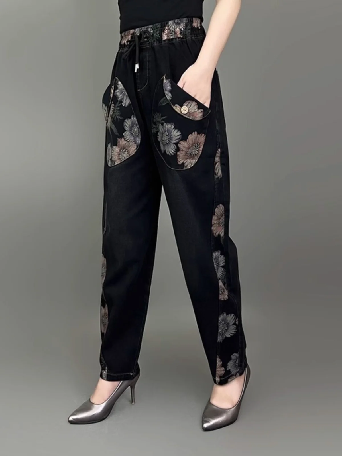 Loose Printed Denim Jeans for Middle-Aged And Elderly Women Spring Autumn New Ethnic Style Large Size Lantern Pants