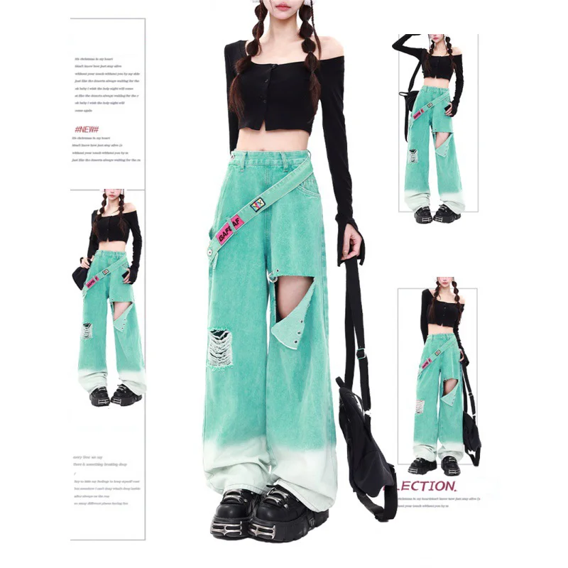 Spring Summer New Ripped Belt Jeans Japanese Hot Girl High Waist Loose Straight Denim Pants Harajuku Hip-hop High Street Wear