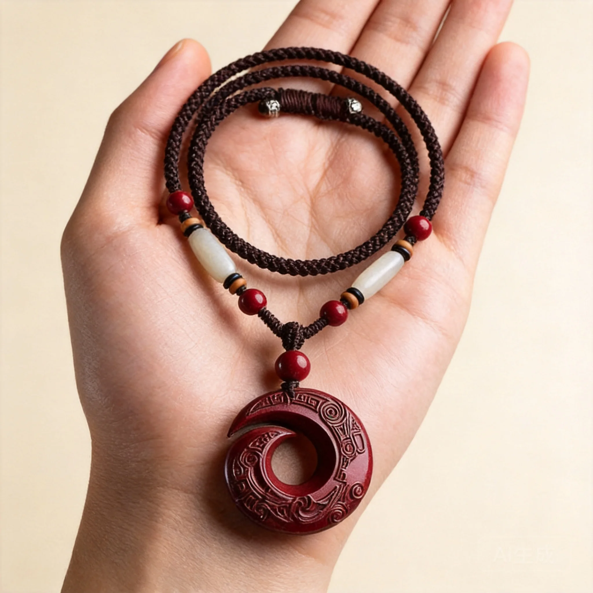 Chinese Style High Purity Cinnabar Good Luck Pendant Necklace Retro Carved Auspicious Blessing Adjustable Rope Unisex Benming