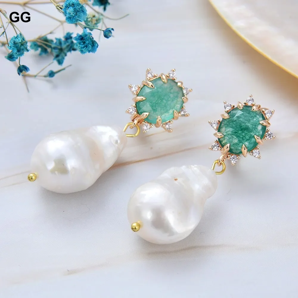 GG Cultured White Baroque Pearl Green Jade Dangle Earrings