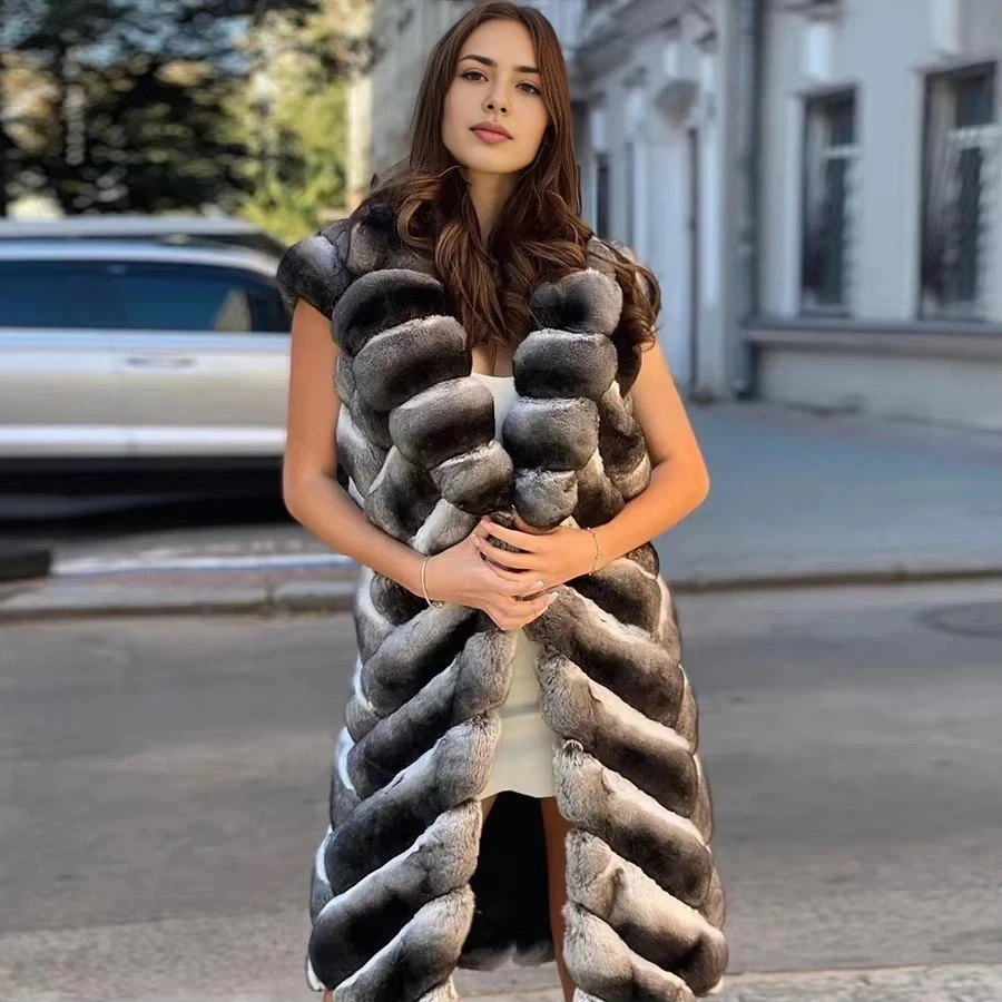 Women Real Rex Rabbit Fur Chinchilla Colour Winter Jacket Natural Rabbit Fur Vest Long Genuine Fur Vests Luxury Best Selling