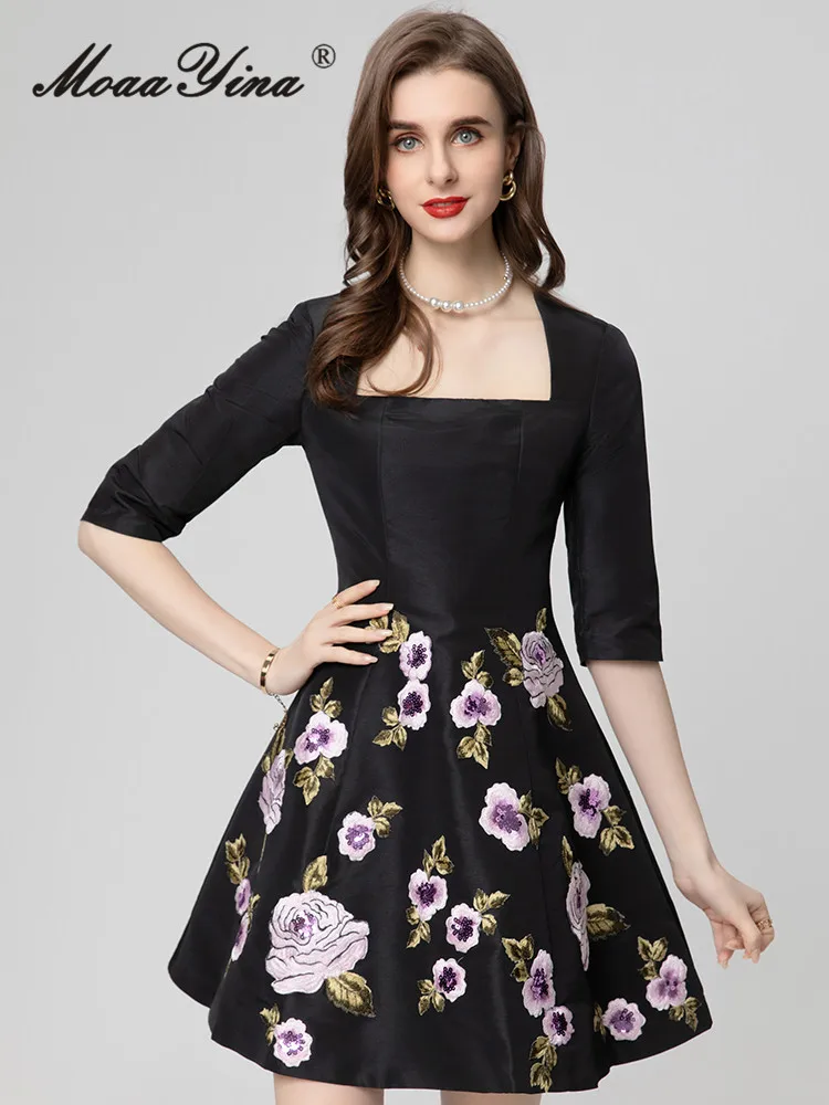 

MoaaYina Summer Fashion Runway Black Vintage Party Dress Women O-neck Short Sleeve Floral Embroidery High Waist Slim Short Dress