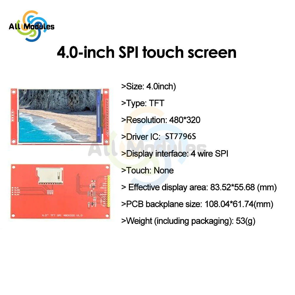 4.0 인치 LCD 모듈 디스플레이 화면 SPI 직렬 LCD 터치 스크린 모듈, 480*320 TFT 디스플레이 모듈 ST7796S/ILI9488 4-와이어 SPI