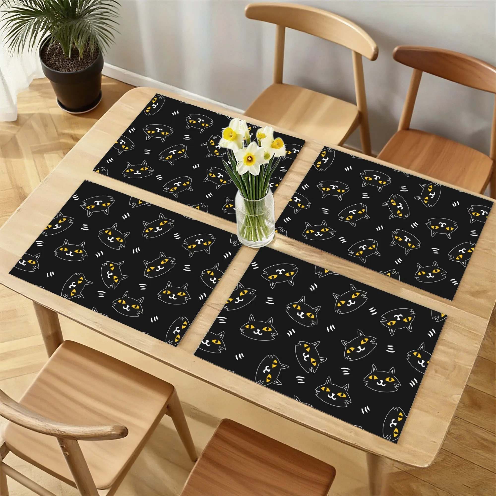แผ่นรองจานลายแมวน่ารัก สีดำ ตาเหลือง ลายขาว สำหรับตกแต่งโต๊ะอาหารในครอบครัวและเด็กๆ