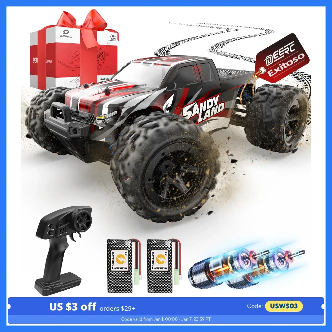 DEERC 9300 1:16 Scale RC Car, 40 KM/H, 4WD Off-Road Monster Truck, 2.4GHz, 2 Rechargeable Batteries