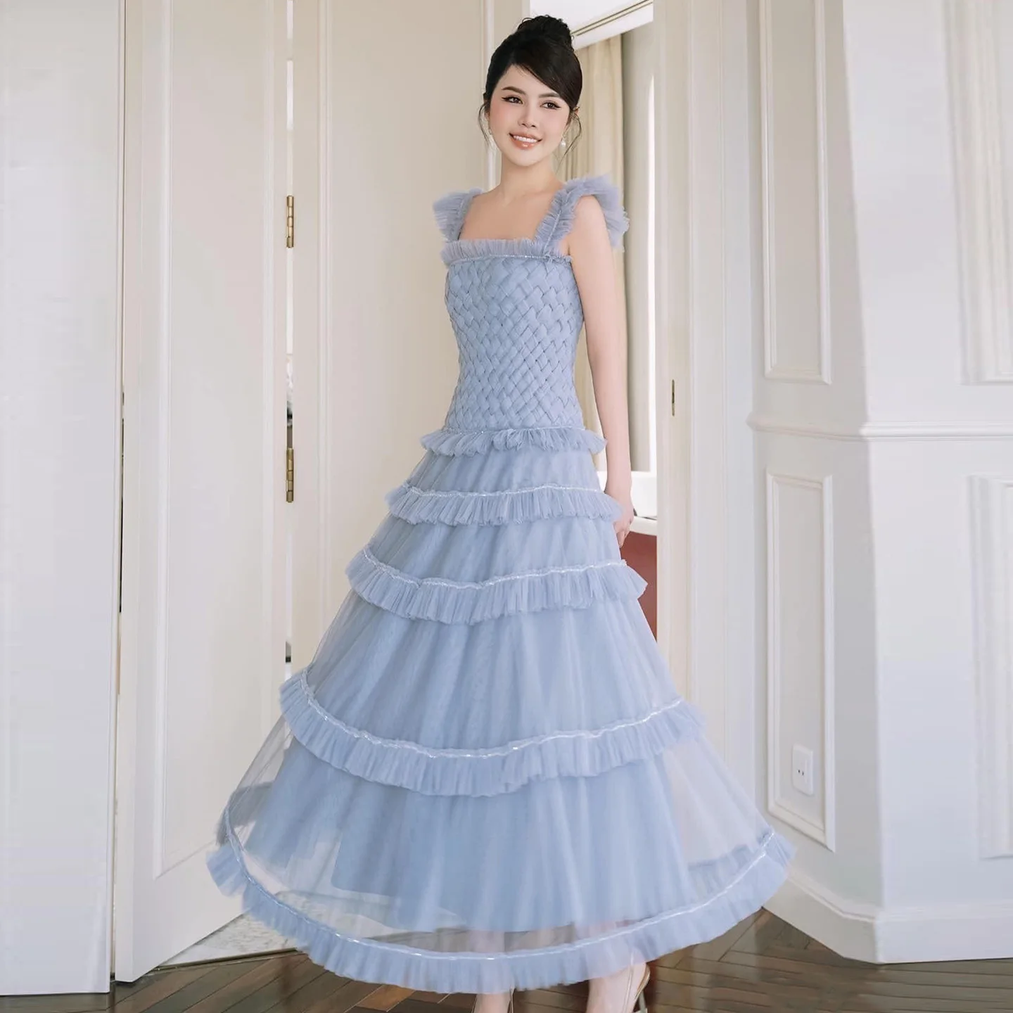 

Синие длинные вечерние платья Sharon Said с квадратным вырезом, многоуровневое тюлевое платье крест-накрест для женщин, свадебное вечернее платье SF298, индивидуальное