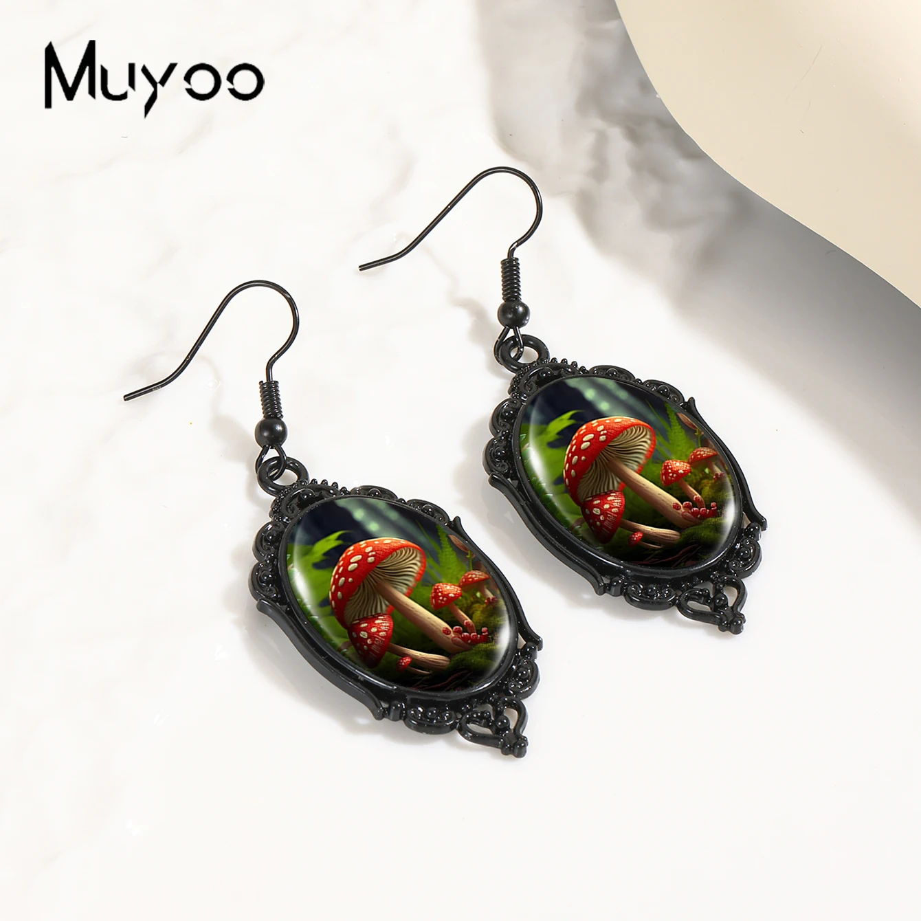 2024 New Arrival Fashion Red Mysterious Mushroom Glass Cabochon Fish Hook Earrings Handmade Black Pumpkin Dangles