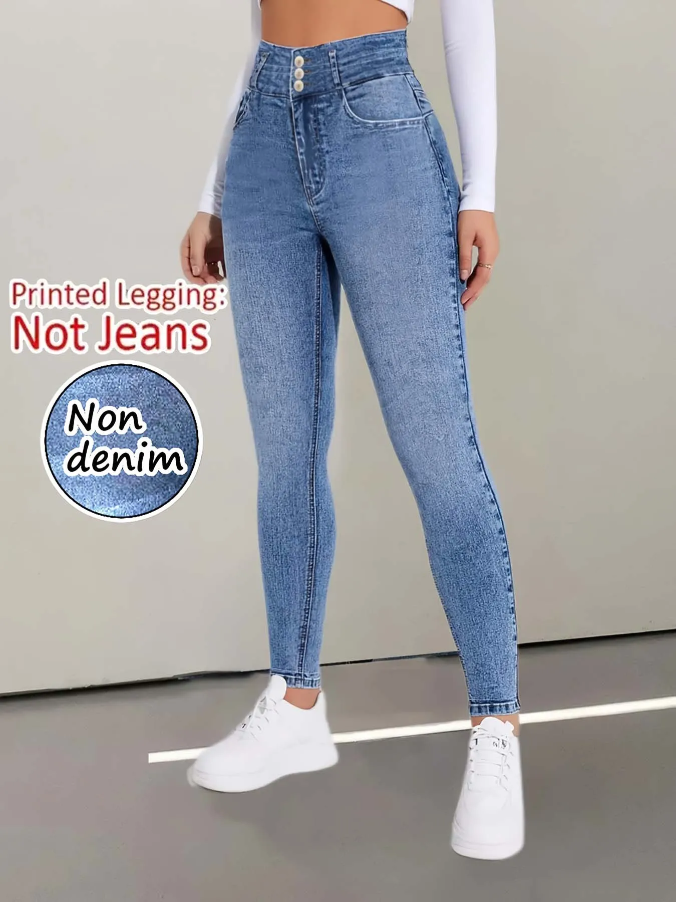 【Non-Denim】Women's Faux Denim Print Leggings, Sports Casual Skinny Pants, Thin Soft Skin-Friendly Yoga Pants, All-Season Long Pa view 4