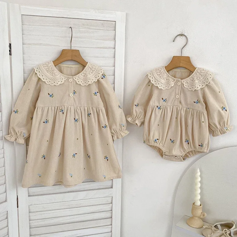 2025 New Autumn 2-6Yrs Girl Party Dress Kids Princess Dress Long Sleeves Corduroy Flower Embroidery Baby Romper Children Clothes