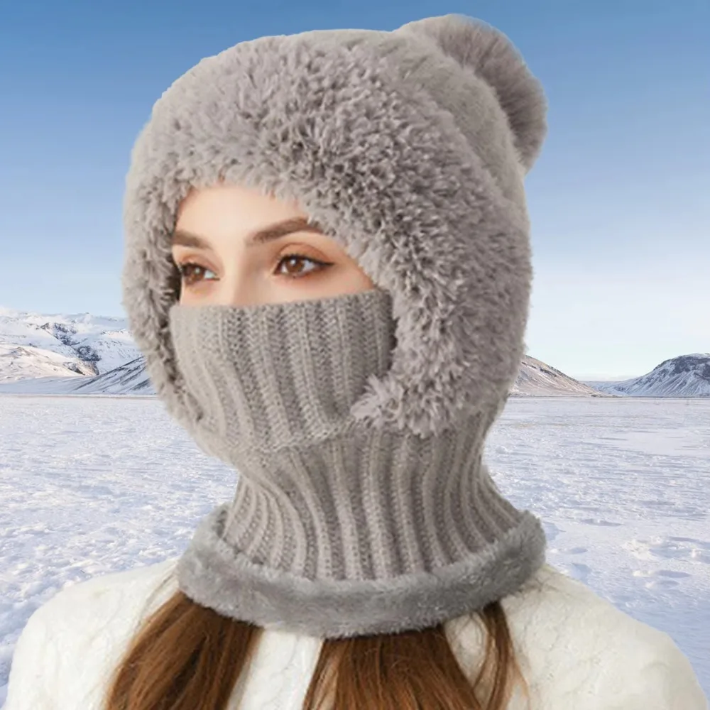 Fashion Winter Knitted Woolen Hat Velvet Ear Protection Balaclava Hat Comforable Fluffy Ski Cap Women