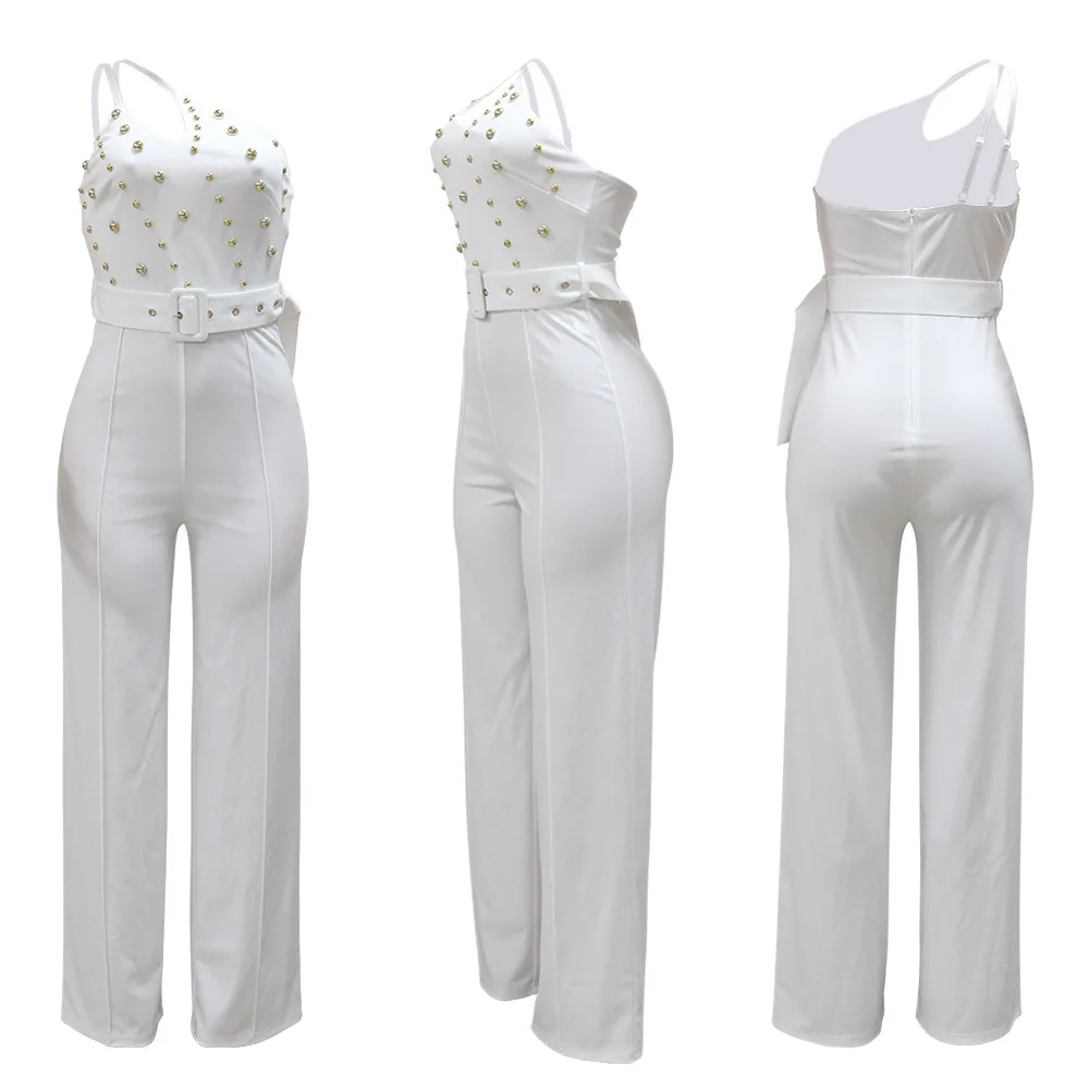 Fashion Beading One Shoulder Jumpsuit Women 2023 Rompers Solid Backless Wide Leg One Piece Jumpsuit Vestidos Bodysuit Overalls