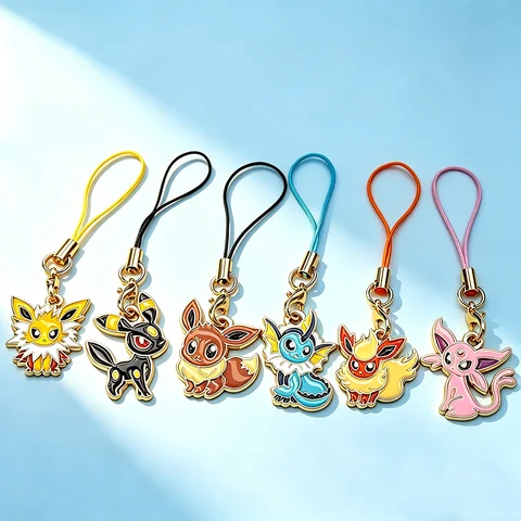 6Pcs Hot Anime Pokemon Eevee Phone Charms Cute Cartoon Fox Elf Monster Keychains Lanyard Bag Mobile For Key Strap Decor Gift