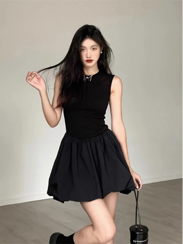 Vintage Mini Dress Women Sexy Backless Pleated Dresses Elegant Summer 2024 Sleeveless Dress Korea Fashion Street Lady Robe Beach