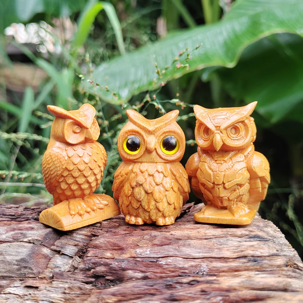 1Pcs 1.89inch Hand-Carved Wooden Owl Animal Statue, Animal-Themed, Suitable for Home Decoration, Fireplace, Bedroom, Living Room, Office Display, Creative Desktop Statue, Holiday Gift, Halloween Decoration, Christmas, Easter, Birthday Gift, Statue Ornament