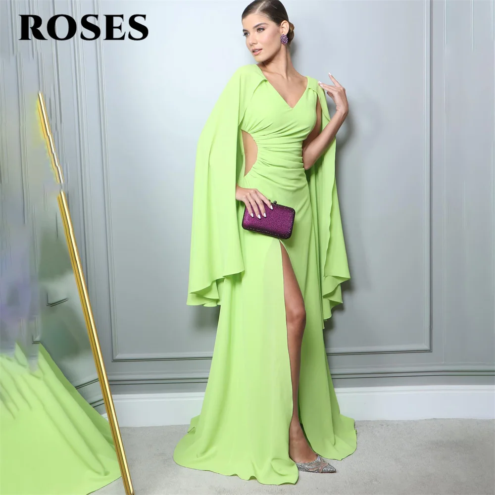 ROSES-V Neck Long Party Dress com Xaile, Vestidos De Noite Chiffon, Side Split, Celebridade Da Praia, Vintage