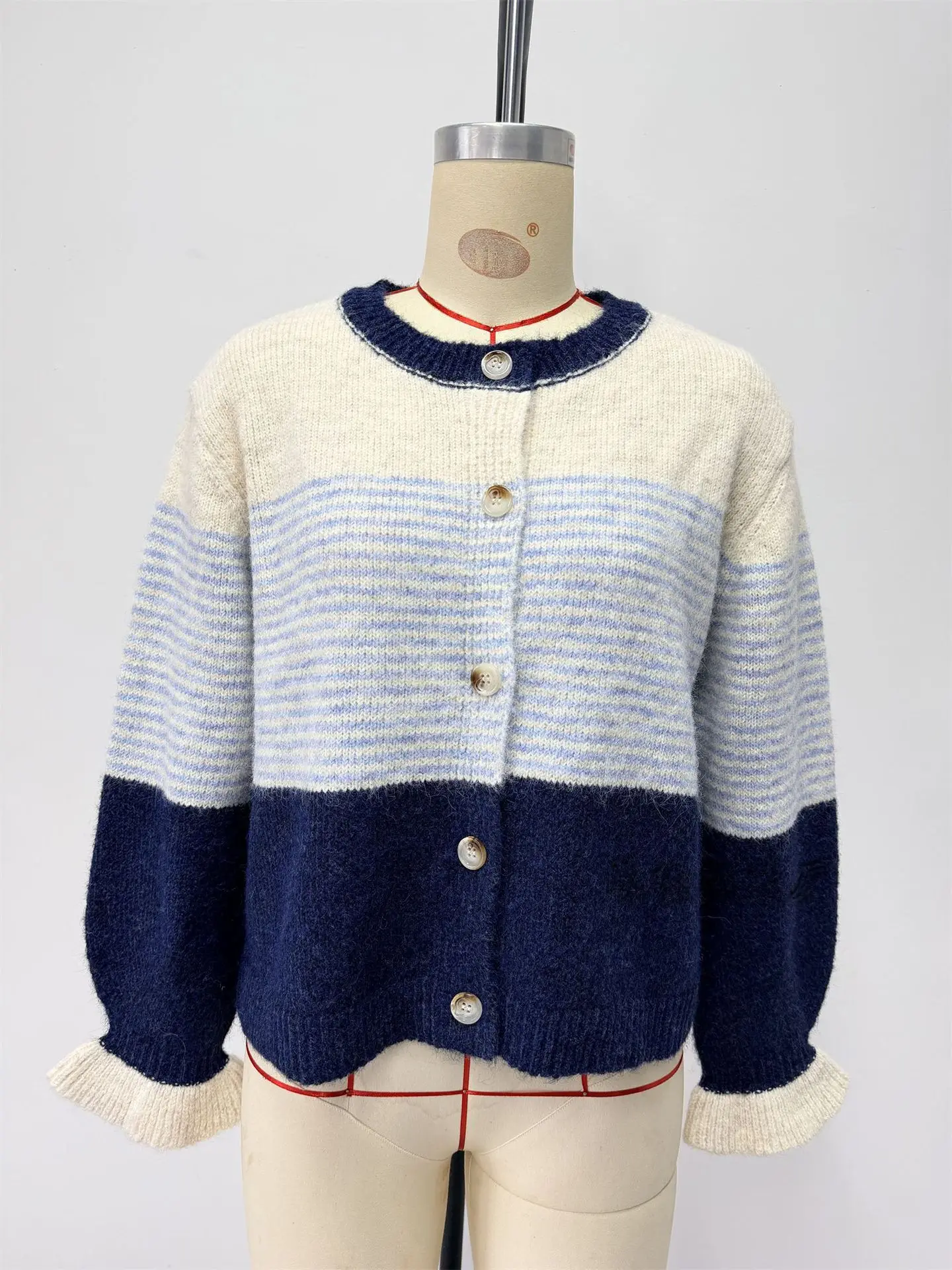 Kawaii Color Block Patchwork Striped Knitted Cardigan Contrasting Color Casual Loose Soft Plush Knitted Women's Sweater Jacket 6