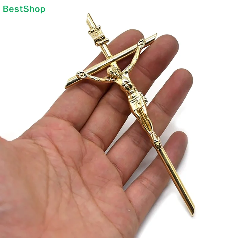 ★Gold Crucifix Wall Decor Handheld Metal Cross Blessing Sacred Crucifix Gift for Grandma Boys Baptism Gift 5.8*12cm