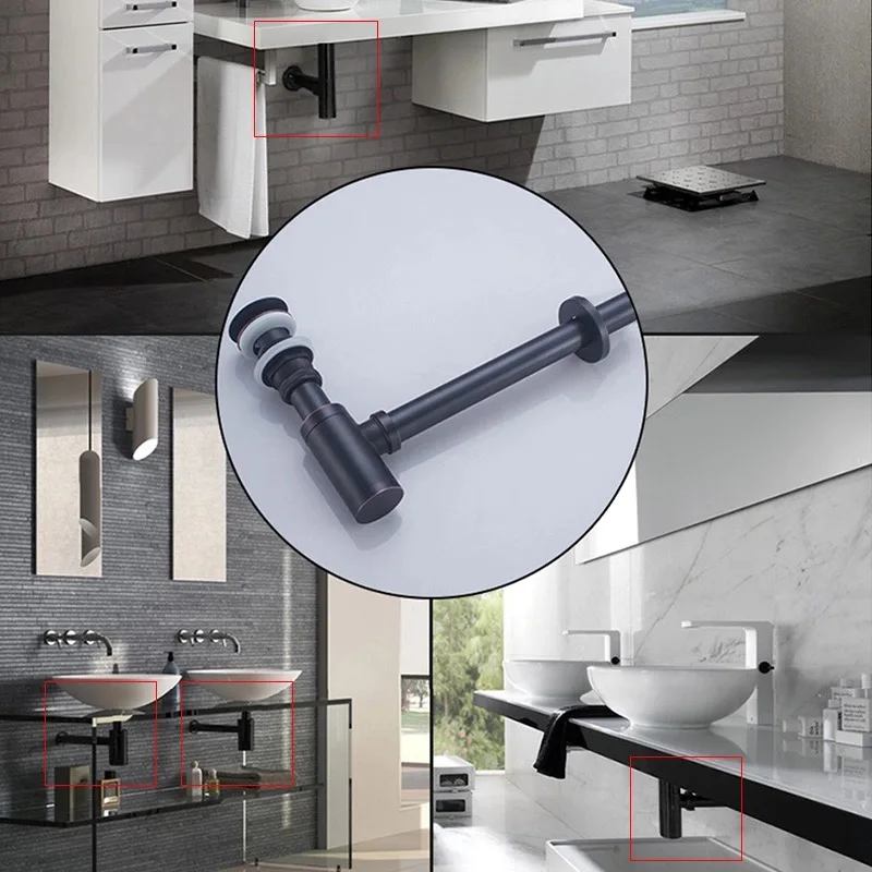 Basin Pop Up Drain Black/Gold Brass Bathroom Sink Siphon Drains Bottle Trap Pop Up Drain P-TRAP Pipe Waste Wall Drainage Kit