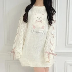 Japanese Sytle Kawaii Lolita Knitted Pullover Women Cute Cartoon Bear Embroidery Bow Bandage Sweater Female Sweet Chic Bunny Top