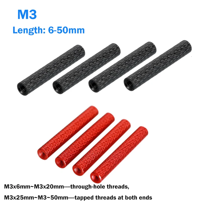 5/10/20/50pcs Red/Black Aluminum Knurled Spacer Standoff M3 Length:6-50mm Aluminum Alloy Column for RC FPV Quadcopter UAV