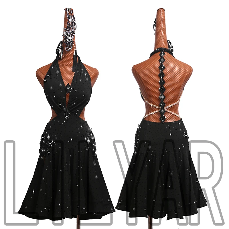 New professional Latin dance competition performance, adult black high-end sparkling diamond backless waist up dance dress