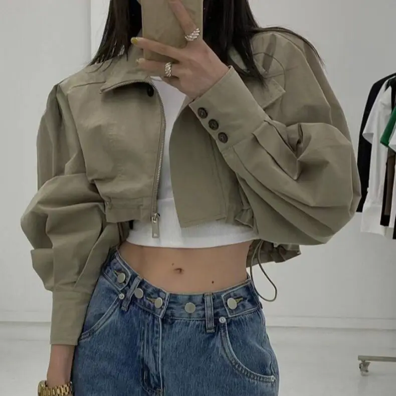 Women's Spring Autumn Streetwear Long Sleeve Untility Jacket Lady Solid Color Zip Up Loose Short Outwear Top