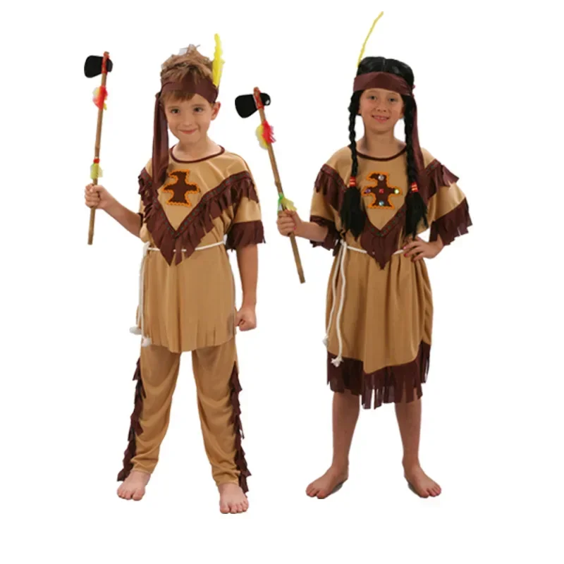 New Arrival Halloween Kids Aboriginal Indian Primitive Party Cosplay Costume Boys Girls Leopard Viking Savage Robes Dress Stage