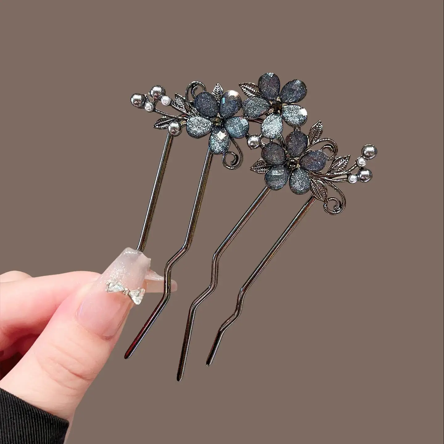 New Chinese Retro Style Exquisite Rhinestone Flower U-shaped Comb Feminine Temperament Elegant Headwear Metal Hair Clip