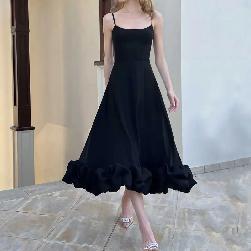 Elegant Ruffle Solid Sling Long Dress Women Strap Waist Party Dresses Fashion Sleeveless Backless Beach Swing skirt A-line tutu