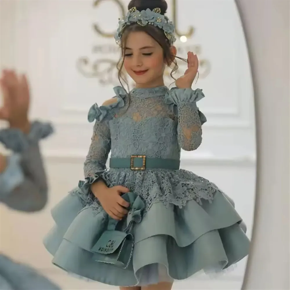 

Princess Flower Girl Dresses for Wedding Lace Belt 3/4 Sleeve Knee Length Girl Kids Birthday Party First Holy Communion Gown