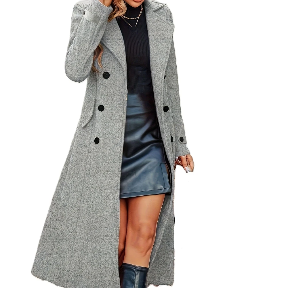 Women Long Woolen Coat Solid Long Coat Women Woolen Coat Polyester Fabric Medium Elasticity Solid Color Pattern