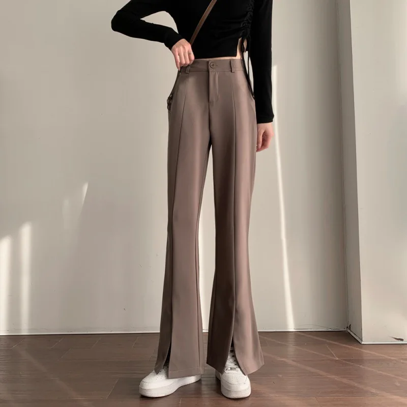 

Front Fork Slim Suit Long Pants Women 2022 New Spring And Summer Flared Wide Pants Smooth Black Coffee Vintage