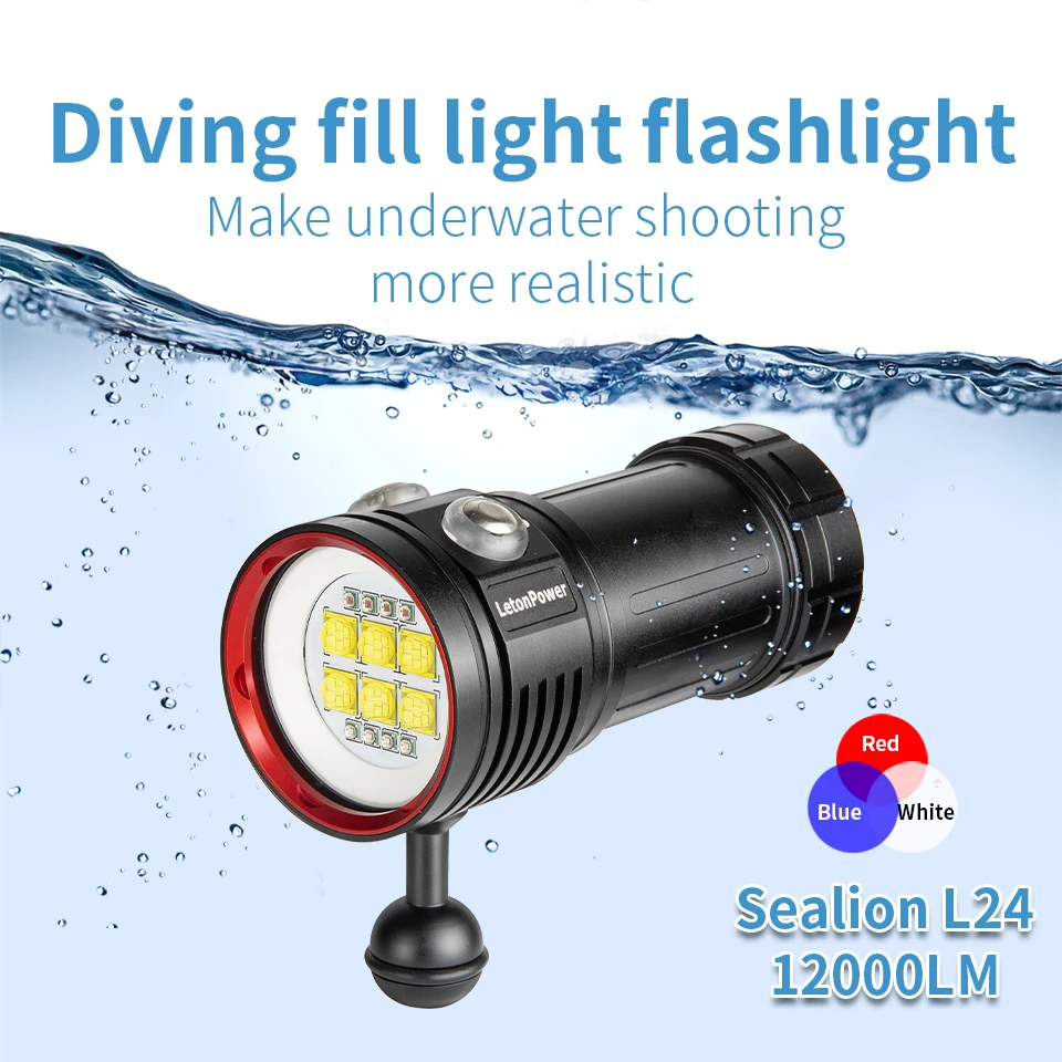 L24 12000Lumens Diving Flashlight 100m Underwater Video Dive Light Scuba Dive Lights with Type-C Charging for Professional Underwater Sports