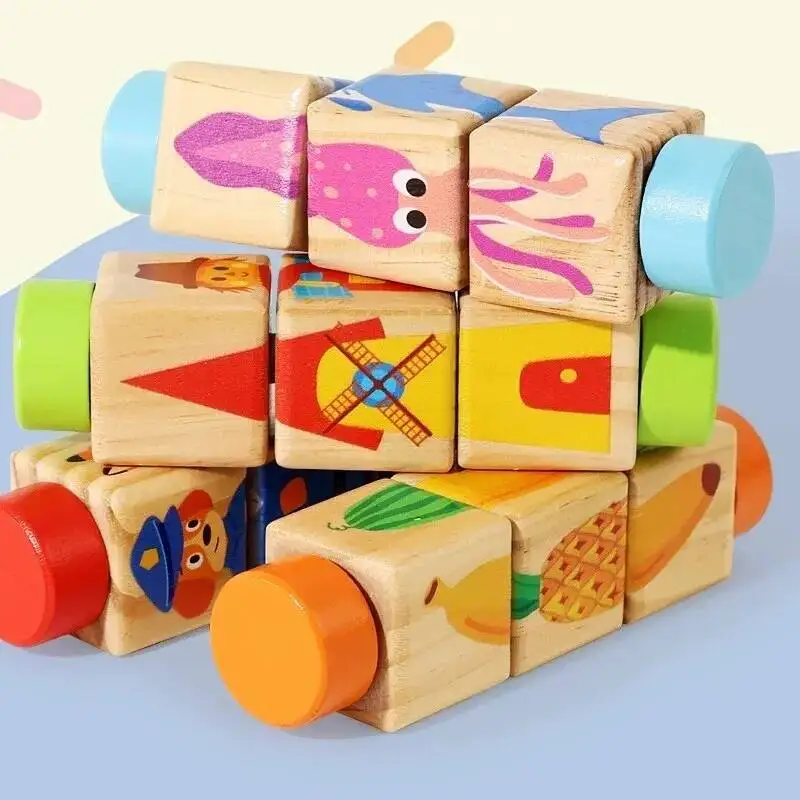 Rotating Wooden Puzzle Cartoon Animal/Fruit/Vehicle Cognition Matching Puzzle Game Montessori Educational Toys for Children
