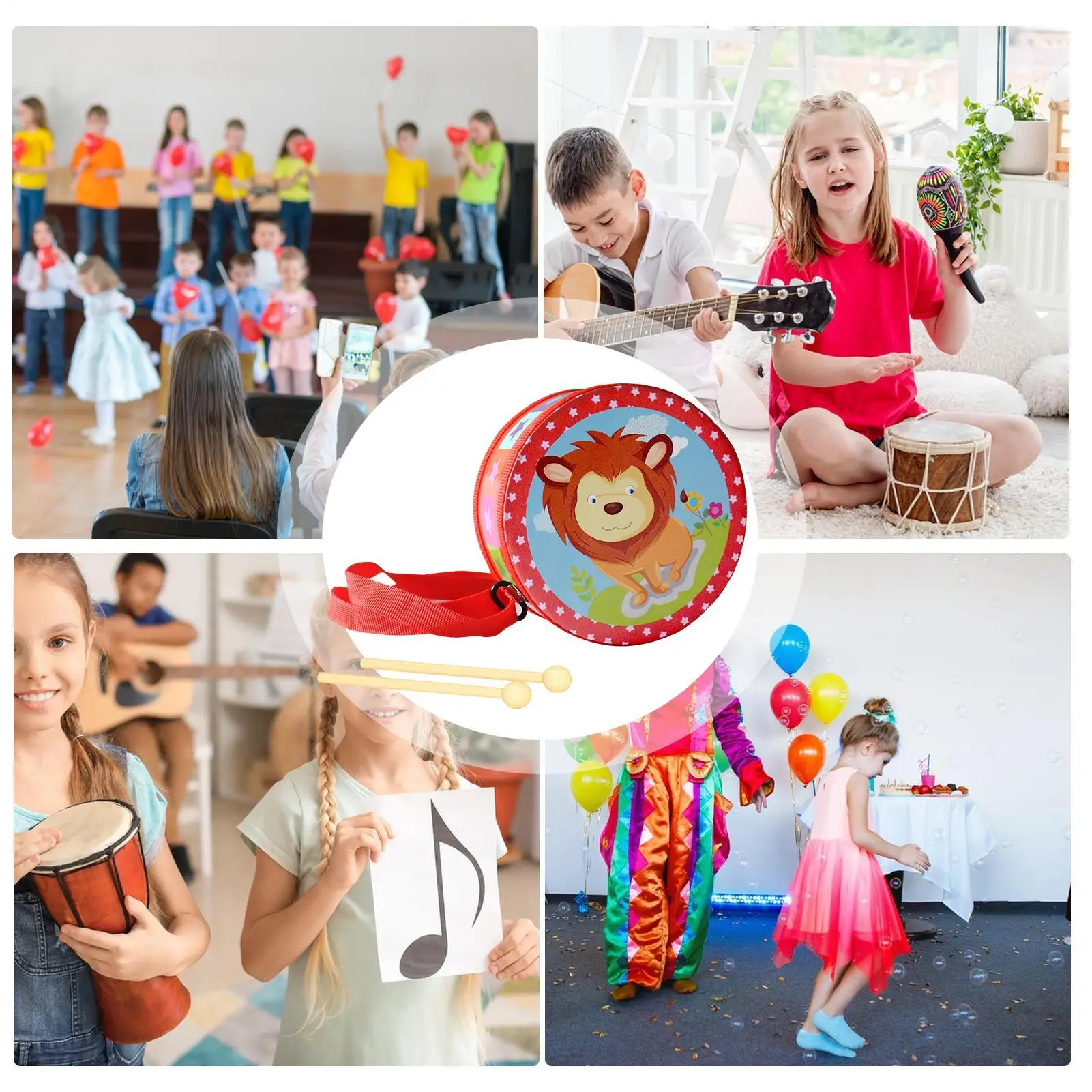 Spielzeugtrommel aus Holz, Musikspiel, 5,9 Zoll, verstellbarer Riemen, Spielzeuginstrumenten-Set für 2–5 Jahre alte Jungen und Mädchen, frühe Bildung, Geburtstag, Zuhause