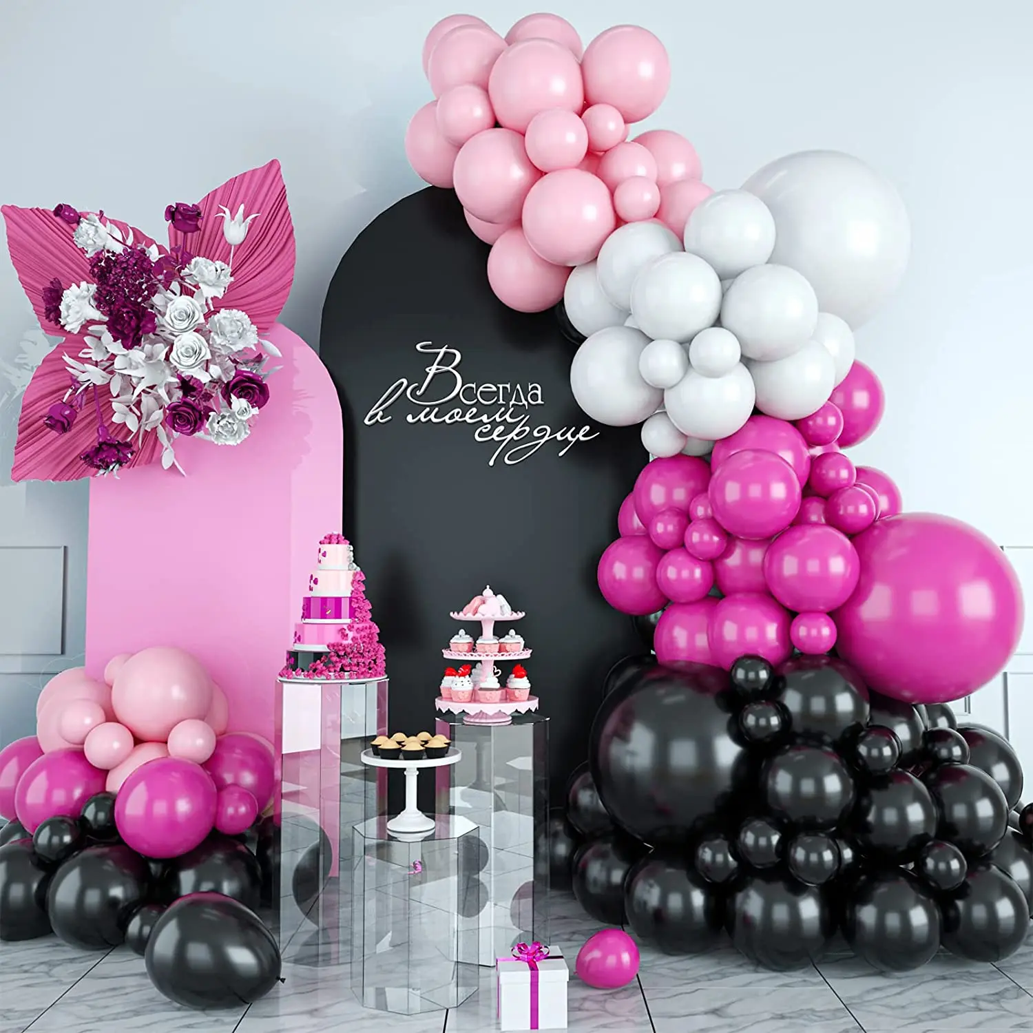 111PCS Black Pink Balloon Arch Kit for Baby Shower Wedding Birthday Anniversary Bachelorette Party Background Decorations