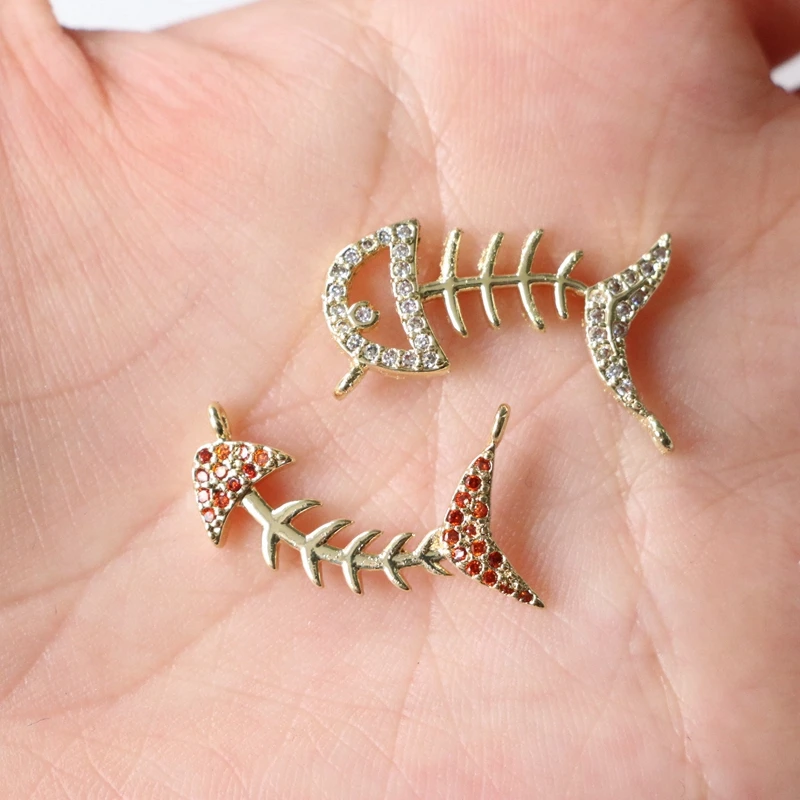 6 PCs/ Real Gold Plated Ocean Fish Jewelry Charms Gold Color Fish Bone Clear Cubic Zirconia Zircon Connector For Jewelry Making