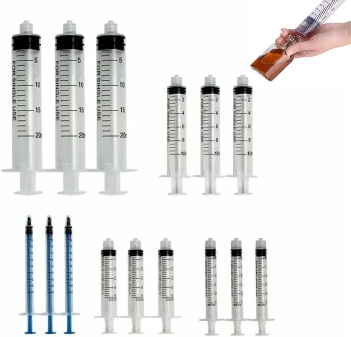 15er-Pack 20 ml, 10 ml, 5 ml, 3 ml, 1 ml Spritze mit stumpfer Spitze, Nadel und Verschluss-Set – Tintenöl- oder Kleberapplikator,