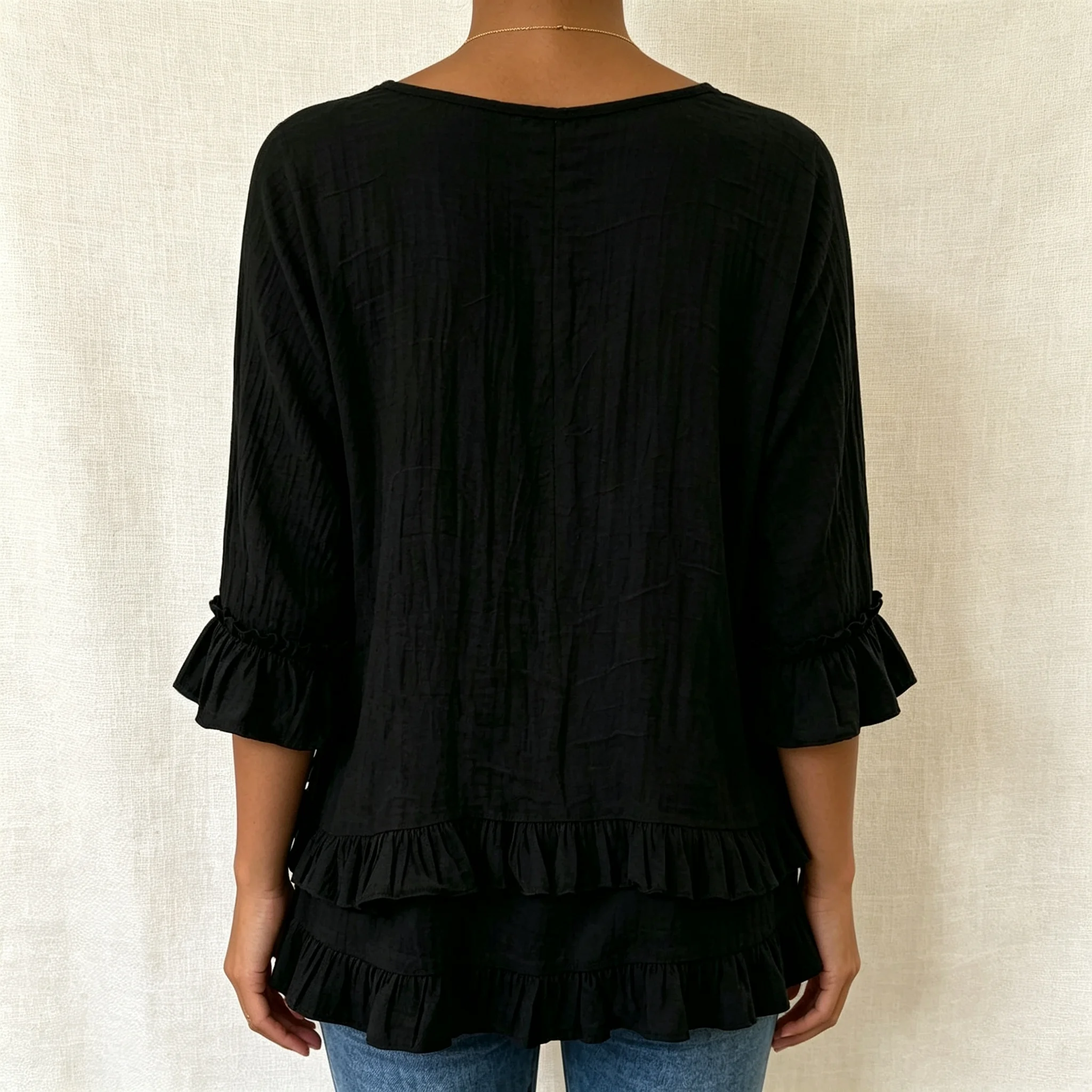 Women's V-Neck Loose Top, New Style with Three-Quarter Sleeves, Ruffled Cuffs, Irregular Layered Hem, Casual and Stylish Blouse