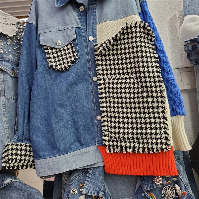 Fashion Houndstooth jaket Denim lengan panjang wanita, jaket Jeans lengan panjang kerah longgar kotak-kotak rajutan warna kontras Musim Semi