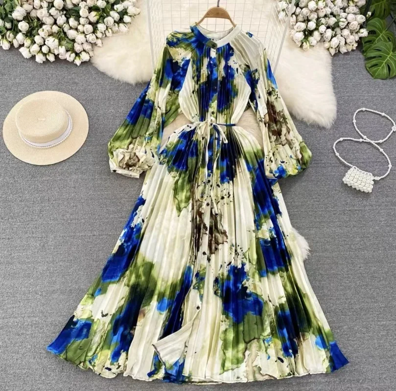 Summer Women Print Long Dress Single Breasted Lantern Full Sleeve Round Neck A Line Dresses High Waist Folds Skirts Ladies 2024