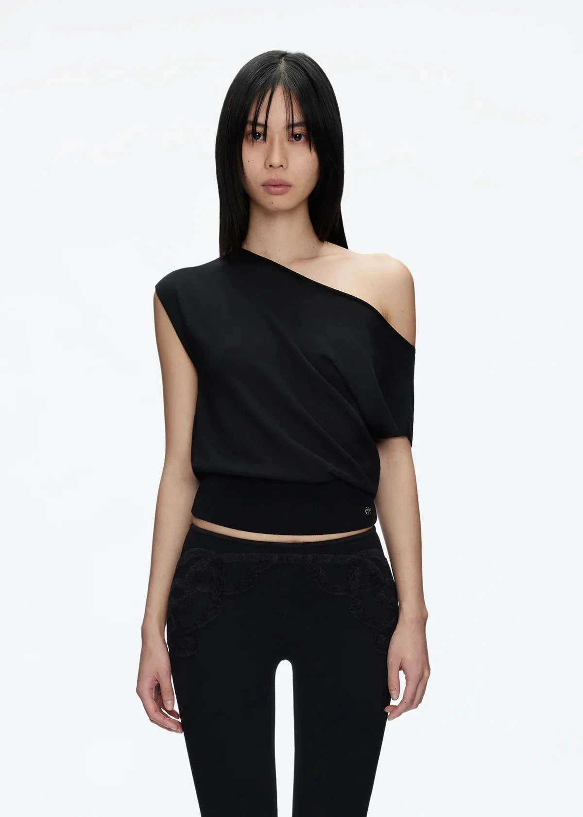 Tankair Black Asymmetrical Shoulder Short Sleeve Knitted T-Shirt Lightweight Casual Style Slim Fit Women's Summer Top