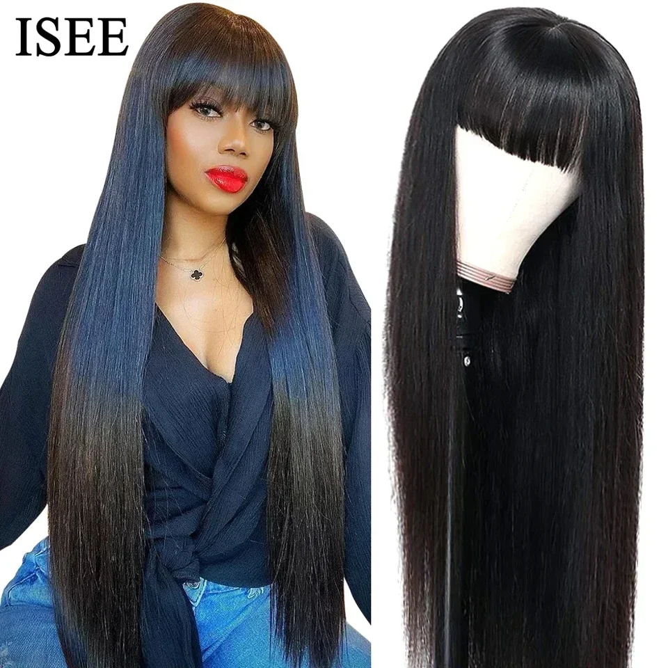 ISEEHAIR Machine Made Sew In Wig Human Hair Straight Wig  Malaysian Straight Wig with Bang Natural Color For Women Wigs No Glue