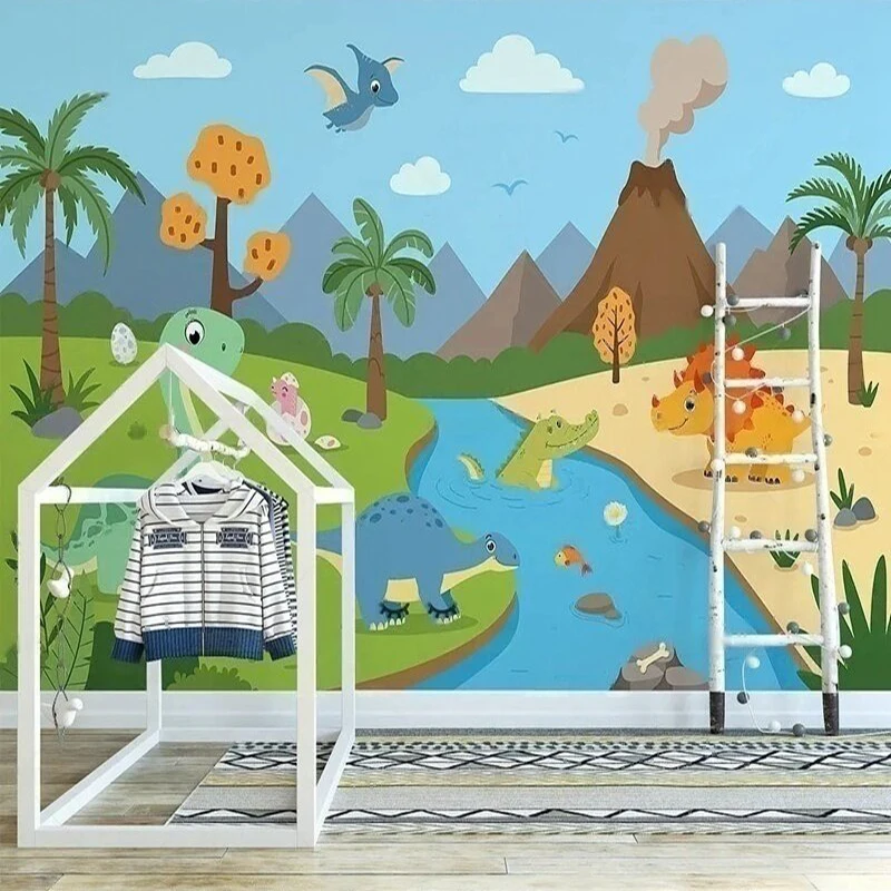 Nordic-Style Hand-Drawn Cartoon Dinosaur-Themed World Volcano Children's Room Interior Landscape Background Wall