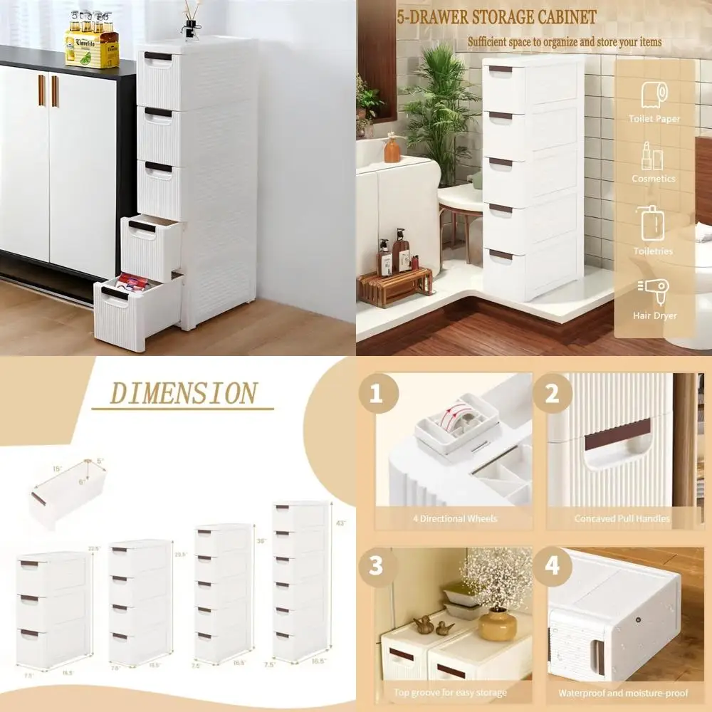 Narrow 5-Tier Storage Cabinet with Slim Drawers, Rolling Plastic Organizer for Living Room and Bathroom Use